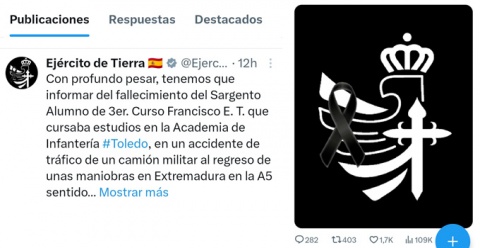 Fallece un alumno del Ejercito de Tierra y resulta herido grave otro militar en un accidente en la A5 a la altura de Talavera